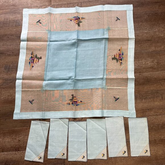 Vtg 30s Tablecloth & Set of 6 Napkin Set Embroidered Pagoda Pina Cloth China - Picture 1 of 12